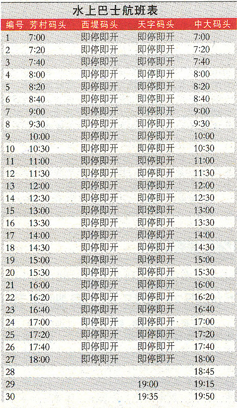 水上巴士时刻表